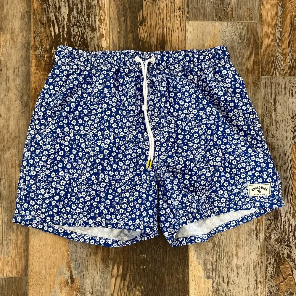 Men’s Blue & White Patterned Swim Trunks w/ Elastic Waistband Drawstring Size L